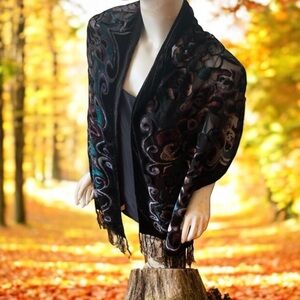 ❄️ 50% off winter Vintage silk velvet crushed  fringe bohemian printed scarf